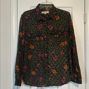 LOFT Forest Green Floral, Semi-Sheer, Button-down, Floral Long, Sleeve Shirt.